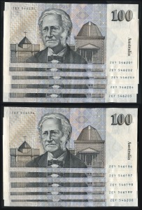 ONE HUNDRED DOLLARS, Fraser/Higgins (1990) (R.612), ZEY 546196/205, consecutive run of banknotes, (10), Unc.