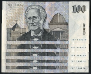 ONE HUNDRED DOLLARS, Fraser/Higgins (1990) (R.612), ZEY 546216/220, consecutive run of banknotes, (5), Unc.