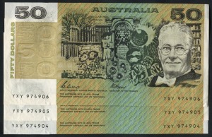FIFTY DOLLARS, Phillips/Fraser (1989) (R.511) YXY 974904/906, consecutive run of three notes. Uncirculated. (3)