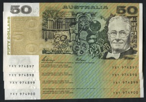 FIFTY DOLLARS, Phillips/Fraser (1989) (R.511) YXY 974897/900 consecutive run of four notes. aUnc. (4).