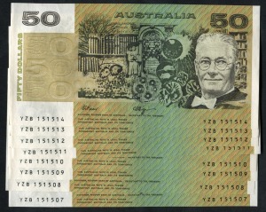 FIFTY DOLLARS, Fraser/Higgins (1990) (R.512) YZB 151507/514, consecutive run of eight notes. Uncirculated. (8)