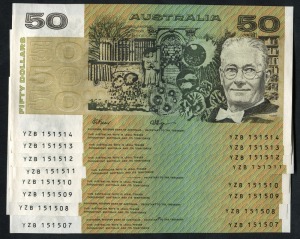FIFTY DOLLARS, Fraser/Higgins (1990) (R.512) YZB 151507/514, consecutive run of eight notes. Uncirculated. (8)