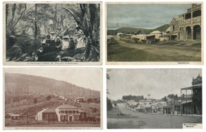 Postcards: VICTORIA - CENTRAL & SOUTH EAST: Postcards featuring street views with much business signage, early motorised buses in Healesville, Cathedral Mount from Mount Gorden, Quick March State School, Mayer Chalet in Warburton, settlers posing with the