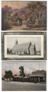 Postcards: VICTORIA - CENTRAL & SOUTH EAST: Postcards featuring street views with much business signage, early motorised buses in Healesville, Cathedral Mount from Mount Gorden, Quick March State School, Mayer Chalet in Warburton, settlers posing with the - 2