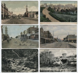 Postcards: MELBOURNE - NUMERAL CANCELS and INTERESTING VIEWS: Postcards with various well-struck Melbourne post office numeral cancels, ranging from 1 to 22; mainly photographic cards, with many street views including High St. Malvern, Bridge Rd Richmond, Glenferrie Rd Malvern, Beach Road Sandringham, Camp St Beechworth, Main St Walhalla, a Frank Mahony postcard, an interior view of the BHP Refinery at Port Pirie, etc. (Total: 28)
