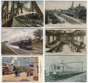Postcards: RAILWAYS & TRAMWAYS: A range of postcards featuring photographs and illustrations of trains and trams of various eras in service in Melbourne and elsewhere, as well as the Liverpool-Manchester Express, early Thomas the Tank Engine, various French railway stations, Trans-Australian Railway, and others. (Total: 24; 16 unused; 8 used)