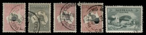 1913 - 1967 collection in Seven Seas pages, includes Third wmk Roos 10/-, £1 Grey and £2 all with Telegraph punctures (top two repaired), Small Multi 10/- & £2 with Telegraph punctures, 10/- CofA Specimen, KGV Heads, mainly U, 6d Kooka CTO, 5/- Bridge CTO, Victoria, Macarthur, Anzac sets mainly M, Robes mainly U, Navs M or U to £2, and BCOF set of 7 Mint.