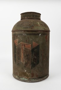 An antique Chinese tea tin with remains of original green painted finish with attractive hand-painted decal showing a Mandarin figure and some Chinese character text, circa 1850s, rare. 46cm high
