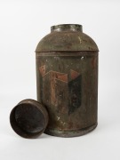 An antique Chinese tea tin with remains of original green painted finish with attractive hand-painted decal showing a Mandarin figure and some Chinese character text, circa 1850s, rare. 46cm high - 4