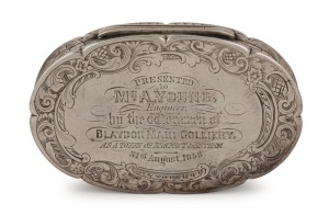 BLAYDON MAIN COLLIERY antique English sterling silver snuff box, engraved "Presented To Mr. A. YOUNG Engineer By The Workman Of Blaydon Main Colliery As A Token Of Respect And Esteem, 31st Aug. 1858", made by Edward Smith of Birmingham, circa 1845, 8cm wide, 74 grams