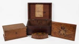 An Australian cedar apothecary box with paper label inside lid listing drugs from "Dr. McCarthy Medical Dispensary, Murray Street, Hobart Town", together with an antique New Zealand timber blotter (damaged), antique pine box and folk art hand-painted almo