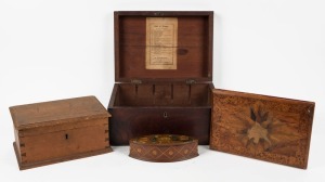 An Australian cedar apothecary box with paper label inside lid listing drugs from "Dr. McCarthy Medical Dispensary, Murray Street, Hobart Town", together with an antique New Zealand timber blotter (damaged), antique pine box and folk art hand-painted almond shaped timber box, 19th/20th century, (4 items), the apothecary box 17cm high, 35cm wide, 25cm deep