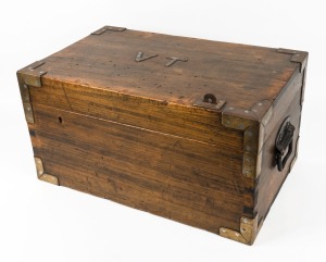 An antique kauri pine strong box with metal fittings and lift out tray interior, late 19th century, 28cm high, 55cm wide, 35cm deep