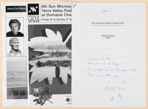 MICHAEL LEUNIG (1945-), "The Last Seven Words of Jesus Christ", typed manuscript address given at "Musica Viva", Sunday 27th April, 2003, with additional handwritten quotation and illustration signed "Michael Leunig"