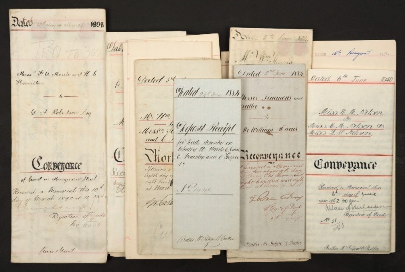 HOBART INTEREST. A fascinating group of seventeen mortgage and conveyance documents, 19th and 20th century. Including prominent locations such as the corner of BARRACK STREET and MACQUARIE STREET