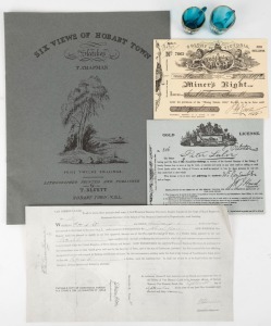 Facsimile miner's right and gold license (Peter Lalor), Van Dieman's Land Pardon and Six Views of Hobart Town in booklet form, together with two antique blue glass custard cups with floral enamel decoration, (6 items)