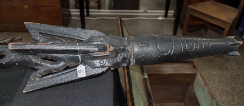 A whale harpoon with bomb head, early to mid 20th century, stamped "CAUNT, PATENDER C.M.V.", ​​​​​​​an impressive 189cm high, (note: approximately 100kg+)