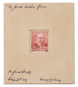 DIE PROOF: 1949 2½d JLord Forrest of Bunbury, imperforate die proof in carmine-lake, mounted recessed in presentation card; with "C.B.A. NOTE PRINTING BRANCH" handstamp verso, completed in manuscript "15 / 17. 10. 49". Additionally endorsed in manuscript 