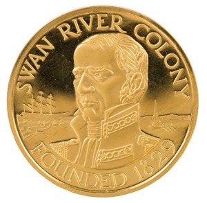 1979 150th Anniversary of the Swan River Colony - Western Australia, gold medal (27mm; 20.86g, 24ct) depicting Captain James Stirling with his ship in the background and on the reverse various representations of the products of Western Australia.