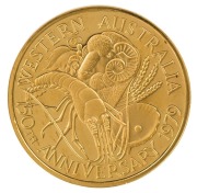 1979 150th Anniversary of the Swan River Colony - Western Australia, gold medal (27mm; 20.86g, 24ct) depicting Captain James Stirling with his ship in the background and on the reverse various representations of the products of Western Australia. - 2