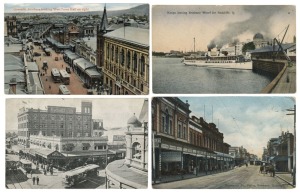 Postcards: QUEENSLAND - BRISBANE: A collection of photographic postcards featuring street and bird's-eye views, Story Bridge under construction with workers visible atop, the Salvation Army People's Palace, botanical gardens, transportation infrastructure and early motor vehicles, some great street scenes, etc. Noted some by McWhirter & Son, Clarence, Edco, Mobsby, and a few 1908 Franco-British Exhibition types. (Total: 105; 56 unused; 49 used)
