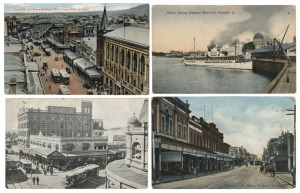 Postcards: QUEENSLAND - BRISBANE: A collection of photographic postcards featuring street and bird's-eye views, Story Bridge under construction with workers visible atop, the Salvation Army People's Palace, botanical gardens, transportation infrastructure