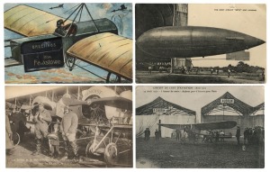Postcards: AVIATION: A collection of photographic postcards featuring views of WWII-era fighter squadrons in flight, airships, biplanes, and airliners, as well as royal inspections, Roland Garros, Blériot's crossing of the English Channel, many Qantas souvenir postcards, interior views of first class, etc. (Total: 70; 57 unused; 13 used)