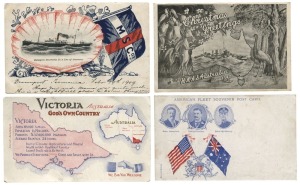 Postcards: AUSTRALIA - SHIPPING: A diverse range incl. HMAS Melbourne, SS Katoomba, SS Canberra, and HMAS Australia, with several cards issued by the Melbourne Steamship Company, as well as many cards commemorating the 1908 visit to Australia of the United States fleet. (Total: 56; 40 unused; 16 used)