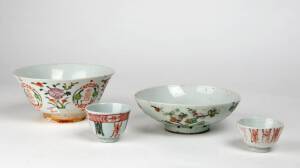 Two Chinese famille rose bowls, late 19th century. 16.8cm and 16.5cm diameter, together with two teacups, 19th century