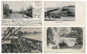 Postcards: TASMANIA - NORTHERN & CENTRAL: Photographic postcards featuring Hellyer Gorge, Devonport docks, Ulverstone, Uncle Leek's Teahouse, piers, country roads, lighthouses, bridges, etc. Publishers/photographers include Spurling, A.E.Barker, W.A.Skinner, S.Lakin, York Schmidt & Co., A.W.Marshall, P.P.C., J.Whitfield, Valentine, Matthew Brown, A.Brown & Co., Selwyn Cox, etc. (Total: 35; 27 unused; 8 used)