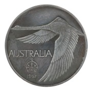 ELIZABETH II, unoifficial pattern silver swan dollar, 1967, by Andor Meszaros, plain edge. In maroon case of issue, with iridescent dark grey tone, FDC.