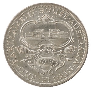George V, 1927 Canberra. Three full steps visible in Parliament House, Uncirculated.