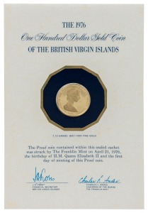 British Virgin Islands - Coins: 1976 $100 Birthday Celebrations gold coin Proof in folder of issue.