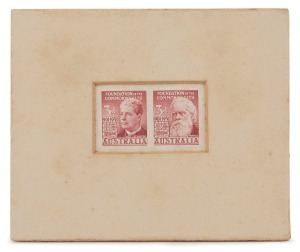 DIE PROOF: 1951 FEDERATION JUBILEE: 3d Barton + 3d Parkes carmine-lake Imperforate se-tenant Die Proofs recessed in presentation card;  with "C.B.A. NOTE PRINTING BRANCH" handstamp verso, completed in manuscript "12 / 19. 2. 51". BW:280/1DP(1) - $4000.