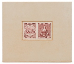 DIE PROOF: 1950 STAMP CENTENARY: 2½d Sydney View + 2½d Half Length, maroon Imperforate se-tenant Die Proofs recessed in presentation card;  with "C.B.A. NOTE PRINTING BRANCH" handstamp verso, completed in manuscript "8 / 5. 7. 50". BW:278/9DP(1) - $4000.