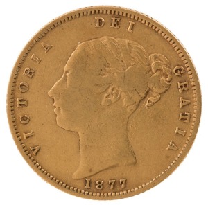 1877 Half Sovereign, Young head, Shield reverse, Melbourne, VF.