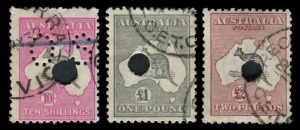 Kangaroos - Third Watermark: TELEGRAPH PUNCTURED HIGH VALUES: 10/- perf.OS, £2 and £1 Grey, (3).