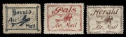 EARLY FLIGHT VIGNETTES: 1920 "Herald" in brown (AAMC.48a), 1920 "PALS" in red (AAMC.51c) and 1922 "HERALD" in dark blue (AAMC.64b), (3). Cat.$525,