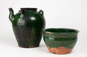 A large green lead glazed ewer with four lugs on the shoulder and a green glazed pottery bowl, probably Guandong, 19th and 20th century. 28cm high and 23cm diameter
