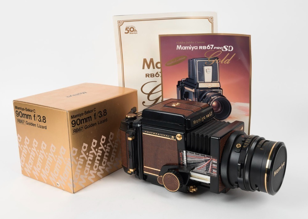 MAMIYA: Mamiya RB67 Pro-S gold-plated and lizardskin-covered SLR camera  [#C229033], circa 1982,