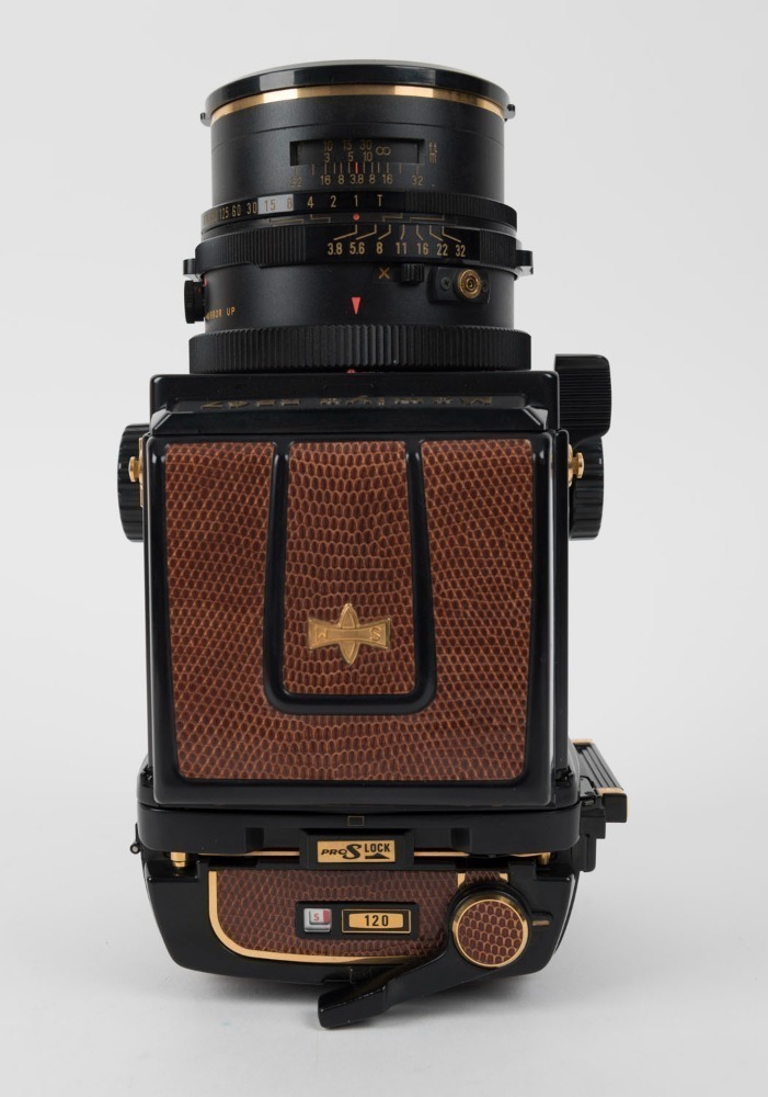 MAMIYA: Mamiya RB67 Pro-S gold-plated and lizardskin-covered SLR camera  [#C229033], circa 1982,