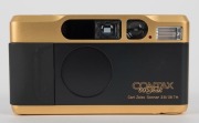 YASHICA: 1992 limited-edition Contax T2 60th Anniversary gold and black compact 35mm camera [#M-0001], in original timber and silk-lined presentation box, with leather case and straps. - 3