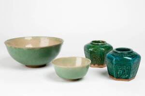 Two Southern Chinese green glazed bowls & two small ginger jars, 20th century, largest bowl 22cm diameter