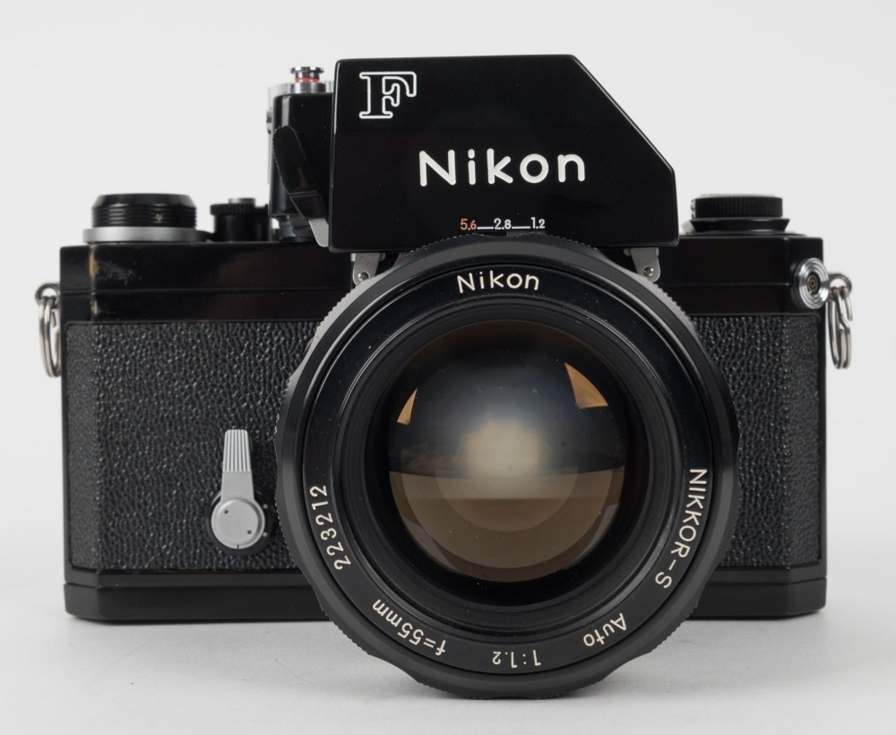 NIPPON KOGAKU: Black-body Nikon F Photomic FTn SLR camera [#7268883], circa  1972, with Nikkor-S Auto 55mm f1.2 lens [#223212] and black Photomic FTn  meter.