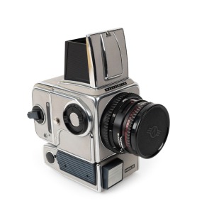 HASSELBLAD: 1982 Hasselblad 500EL/M '20 Years in Space' limited-edition medium-format SLR camera [#RH 1322394] in grey and chrome, with Planar 80mm f2.8 lens [#6388903] and Synchro-Compur shutter, together with front lens cap and power cable. Presented in