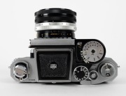 NIPPON KOGAKU: Early production 1960 Nikon F&nbsp;SLR camera [#6414686], with Micro-Nikkor&nbsp;55mm f3.5 lens [#173210], rear lens cap, and waist-level viewfinder attachment. - 4