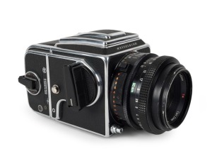 HASSELBLAD: Hasselblad 2000FC medium-format SLR camera [#RV 1514233 & #RP 3240019] in black and chrome, circa 1980, with Planar 80mm f2.8 lens [#5871879].