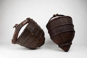 Two Chinese iron bound wooden buckets, approx. 48cm high and 42cm diameter