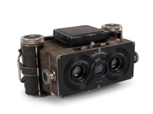 FRANKE & HEIDECKE: Circa 1928 Rolleidoscop 6x13cm triple-lens reflex rollfilm stereo camera [#10759], with Tessar 75mm f4.5 lenses [#723147 & #723148].