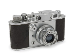 MINOLTA: Minolta 35 Model A Leica-copy rangefinder camera [#2305], circa 1947, with Super Rokkor 45mm f2.8 lens [#4719]. 'Made in Occupied Japan' engraved on camera base.